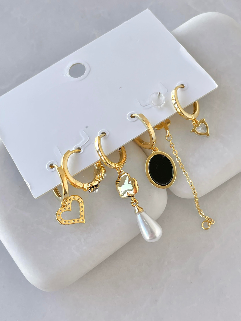 Özel Seri Altılı Siyah Mineli Çiçek ve Kalp Sallantılı Küpe Gold