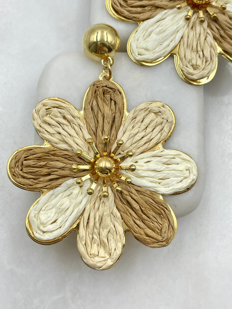 Gold Detaylı Hasır Papatya Küpe Kahve