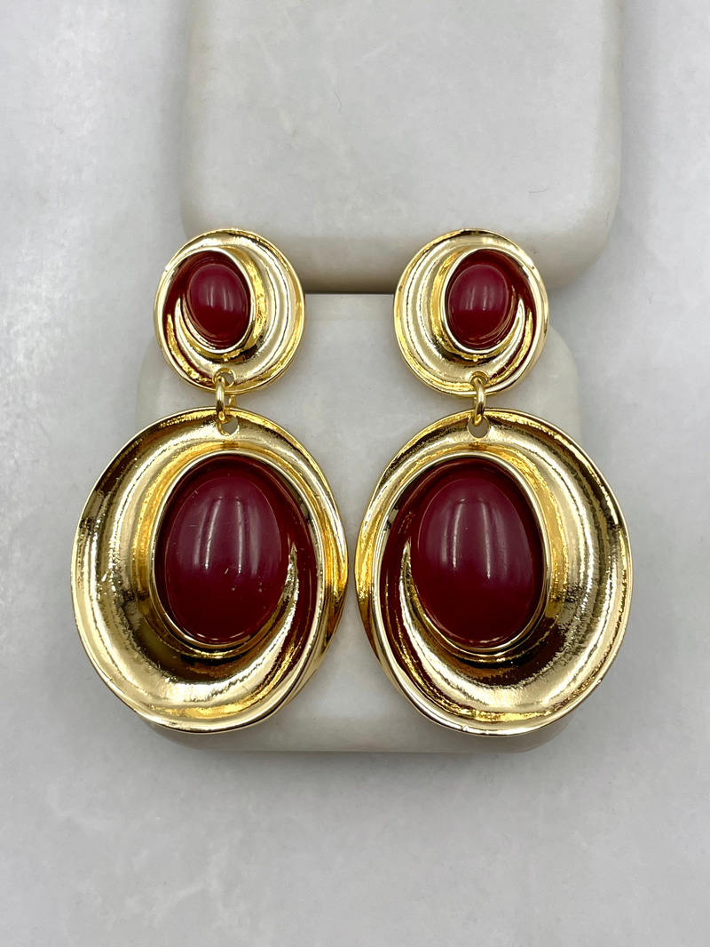 Taşlı Büyük Küçük Sarmal Vintage Küpe Bordo