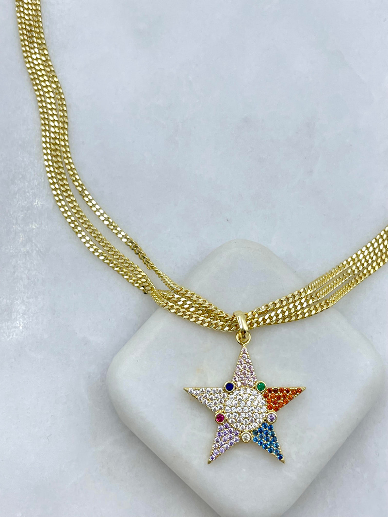 Altın Kaplama Renkli Kristal Taşlı Yıldız Kolye Gold