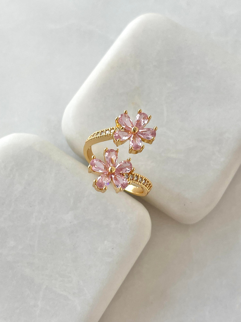 Altın Kaplama İkili Pembe Çiçek Yüzük Gold