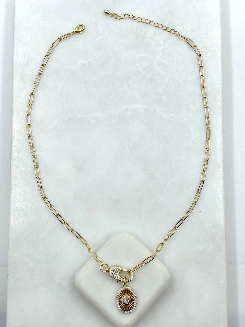 Işıltılı Plaka Sallantılı Önden Kilit Model Kolye Gold