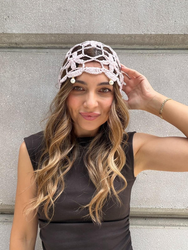 Boncuk Saçaklı File Bandana Şapka Pembe
