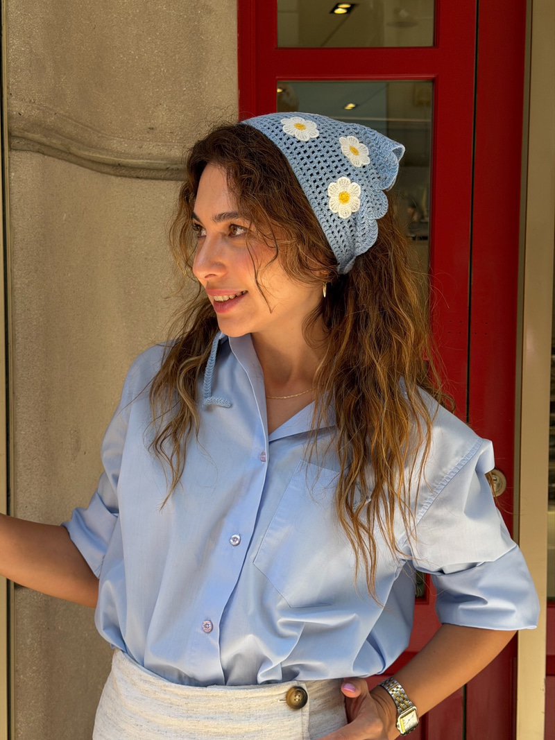 Papatya Desenli Daire Köşeli Bandana Mavi