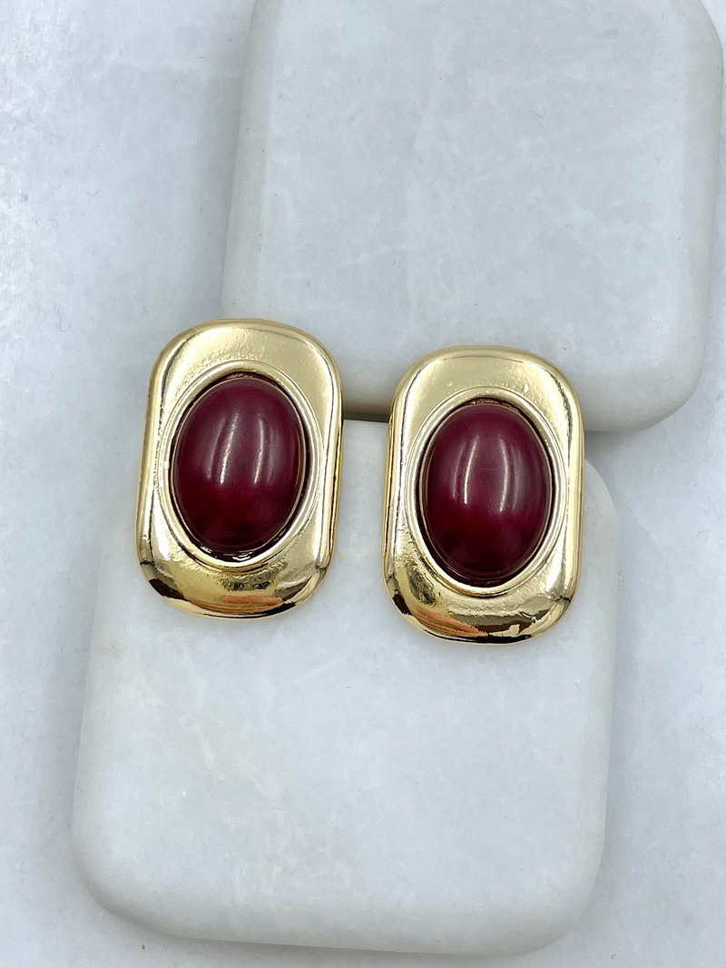 Altın Kaplama Gold Plaka Opal Taşlı Vintage Küpe Bordo