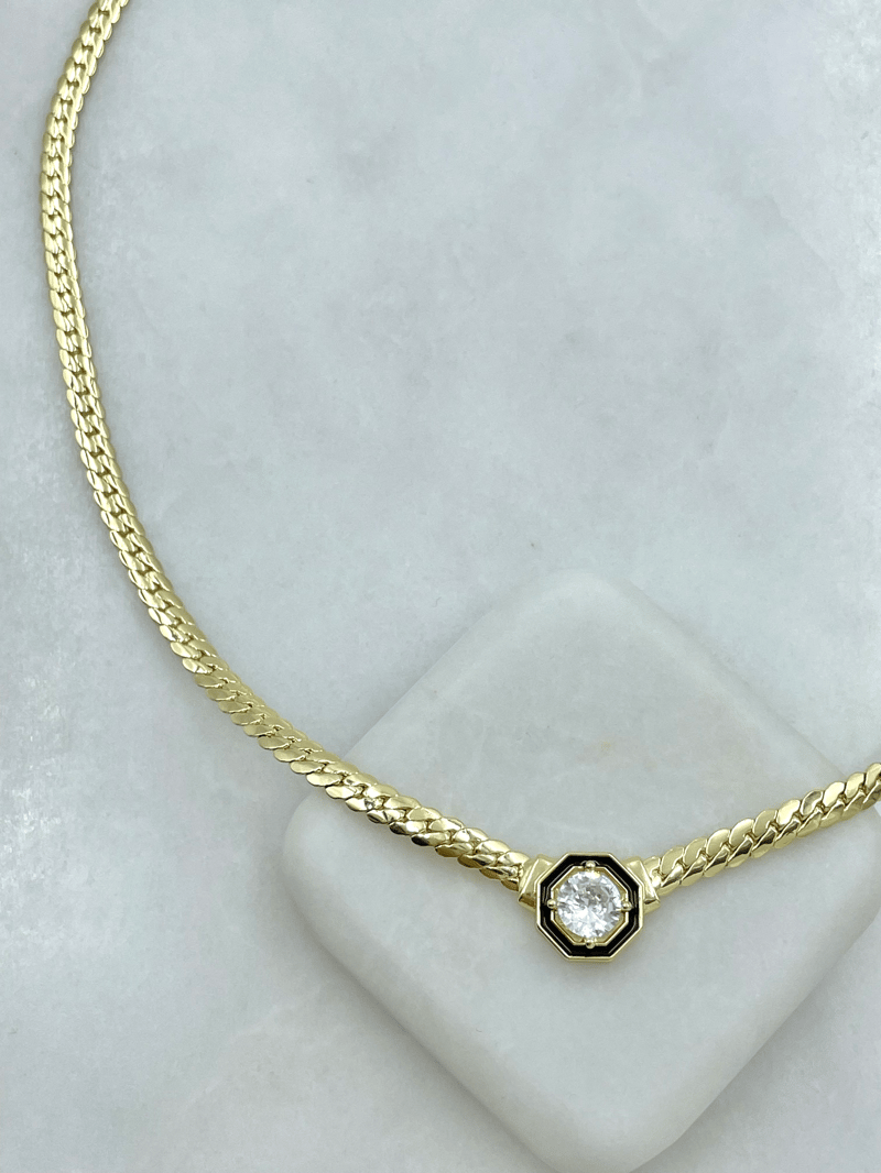 Altın Kaplama Siyah Mineli Kristal Taşlı Kolye Gold