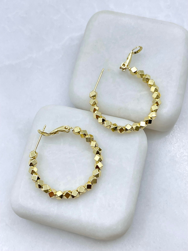 Altın Kaplama Prizma Boncuk Halka Küpe 3 cm Gold