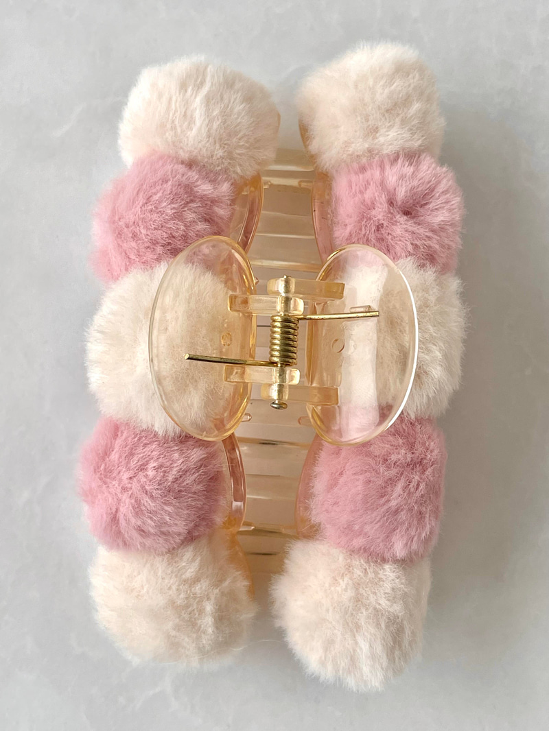 Peluş Ponpon Mandal Toka Pembe-Krem