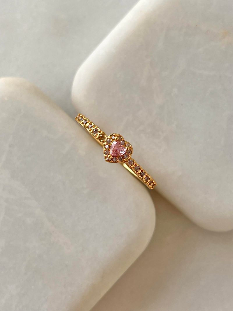 Altın Kaplama Minimal Kristal Pembe Kalp Yüzük