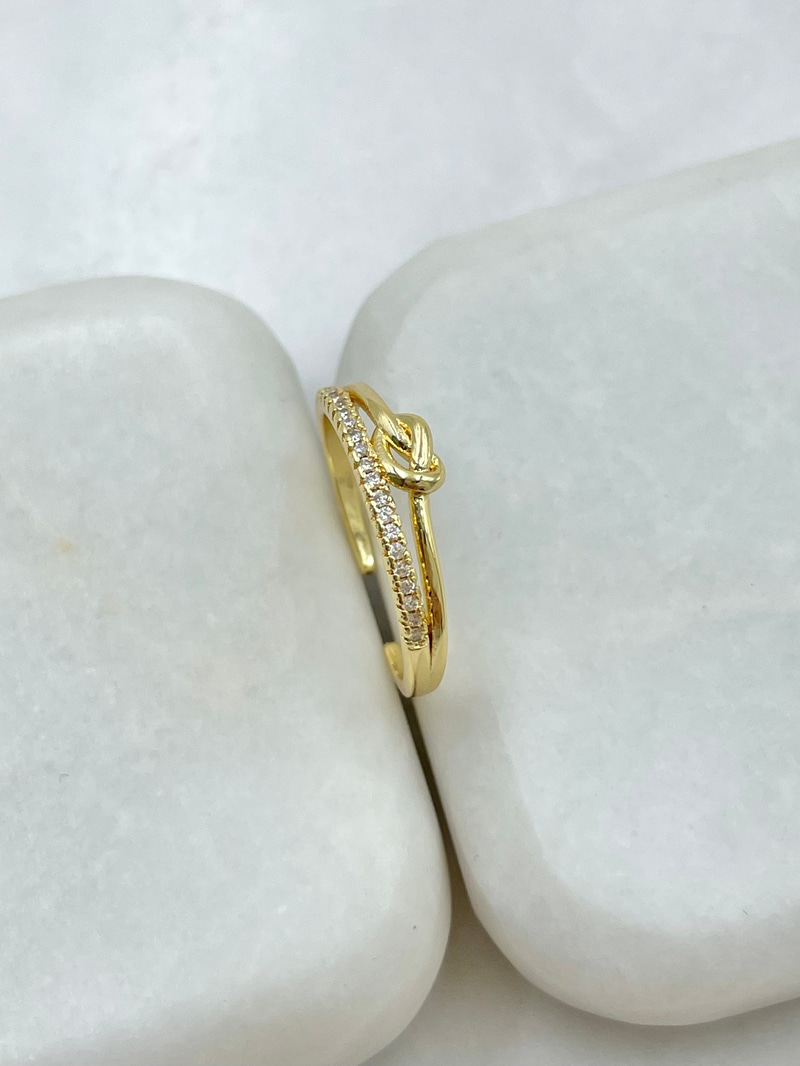 Gömme Taşlı Düğüm Model İkili Görünüm Serçe Parmak Yüzük Gold