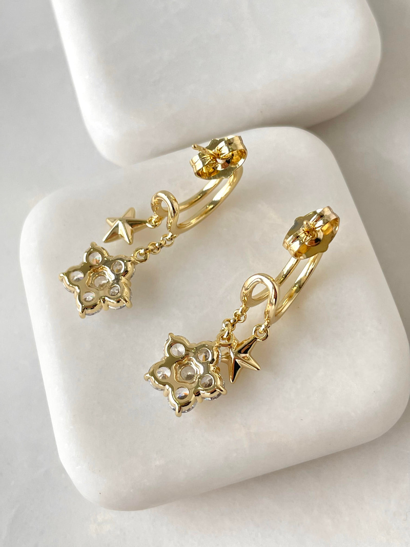 Özel Seri Kelebek ve Kristal Çiçek Sallantılı İkili Görünüm Küpe 14k Gold