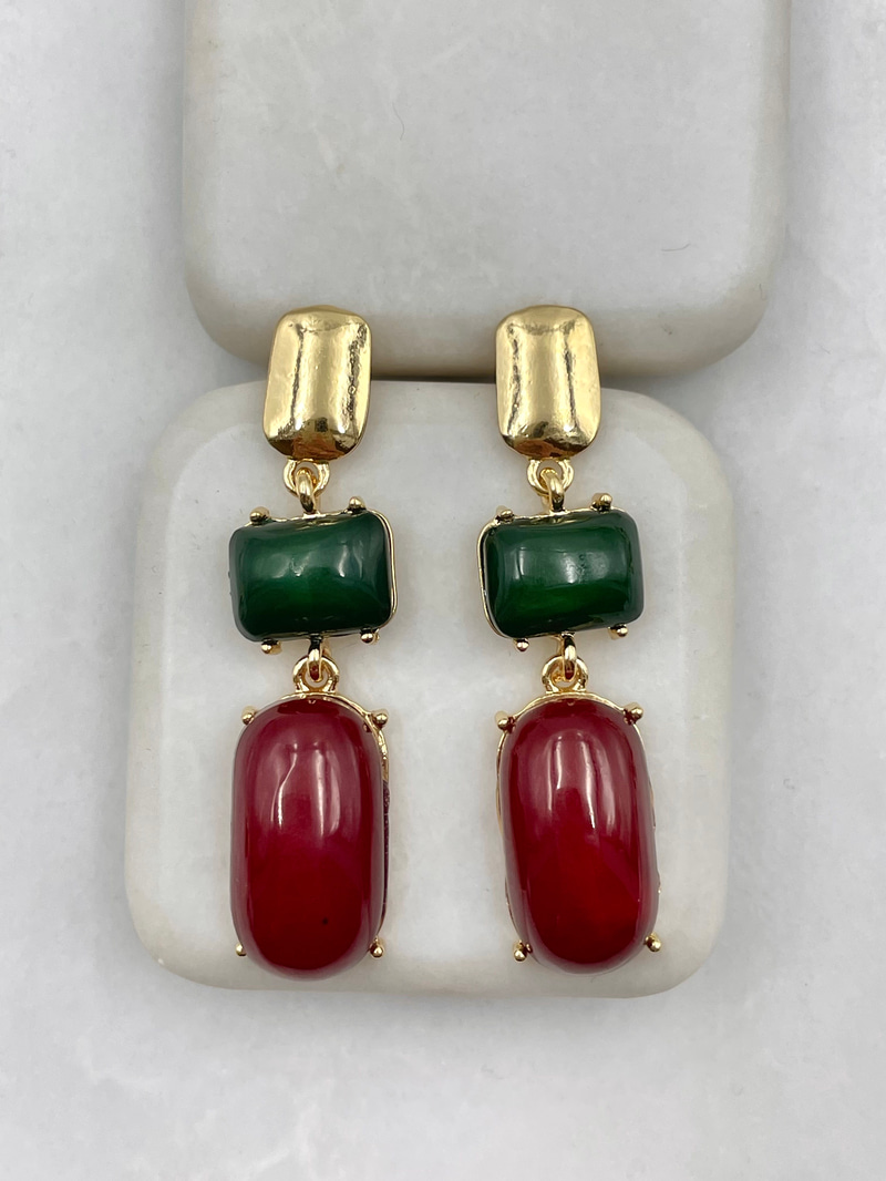 Bordo ve Yeşil Taşlı Vintage Küpe Gold