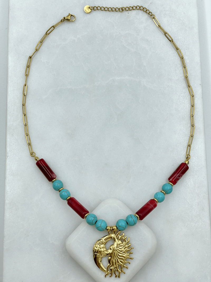 Çelik Doğal Taş Görünümlü Ay ve Güneş Sallantılı Kolye Gold