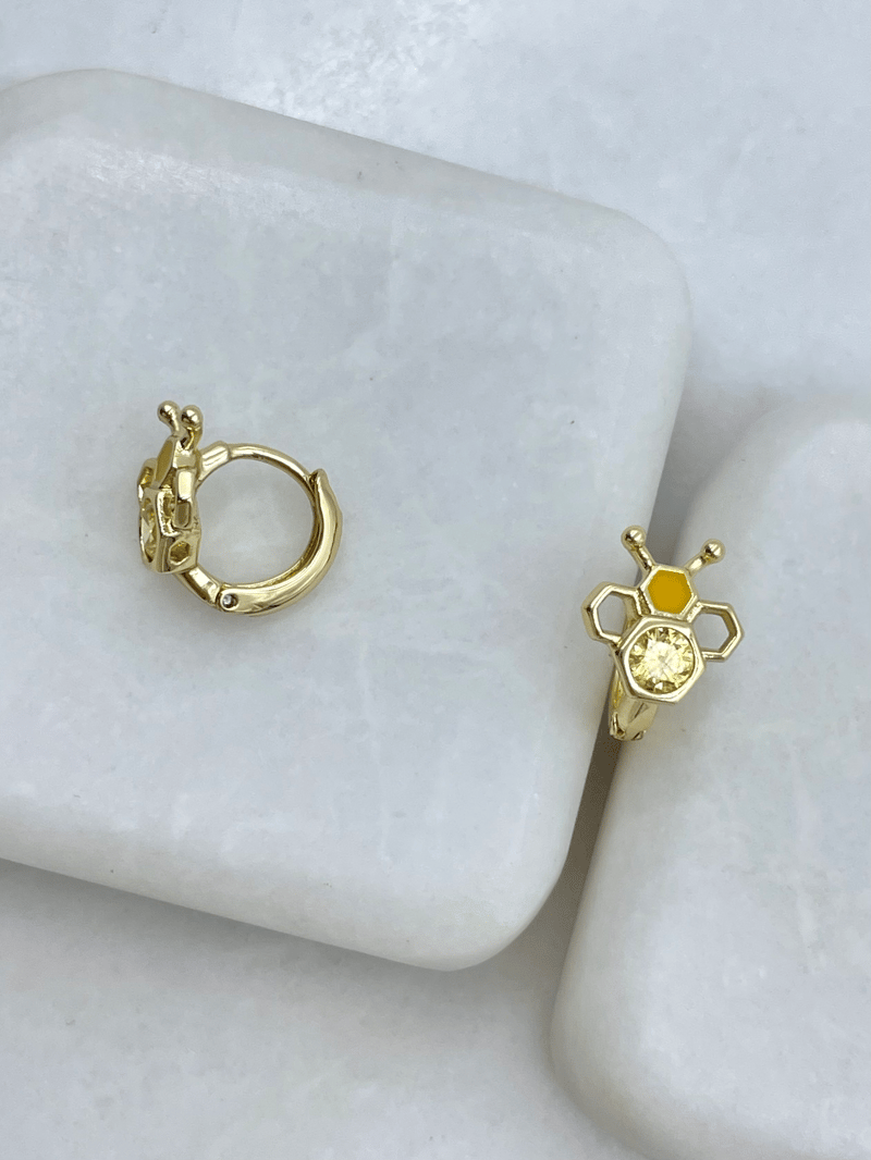 Özel Seri Kristal Taşlı Arılı Petek Model Küpe Gold
