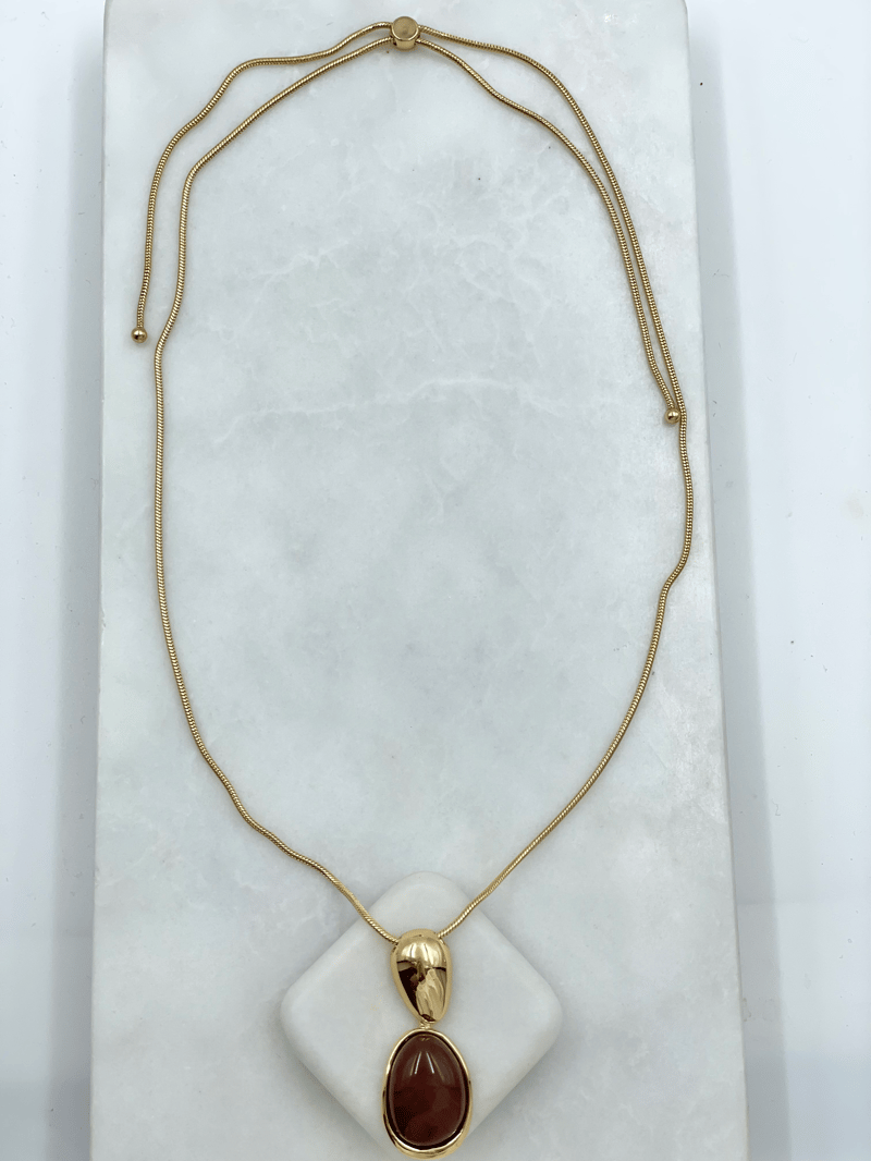 Altın Kaplama Gold Detaylı Oval Taş Model Asansör Kolye Kahve