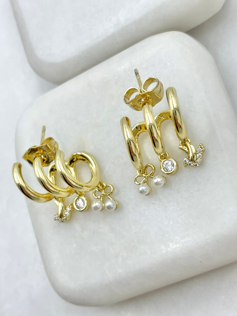 Özel Seri Üçlü Görünüm İnci ve Kuş Model Küpe Gold