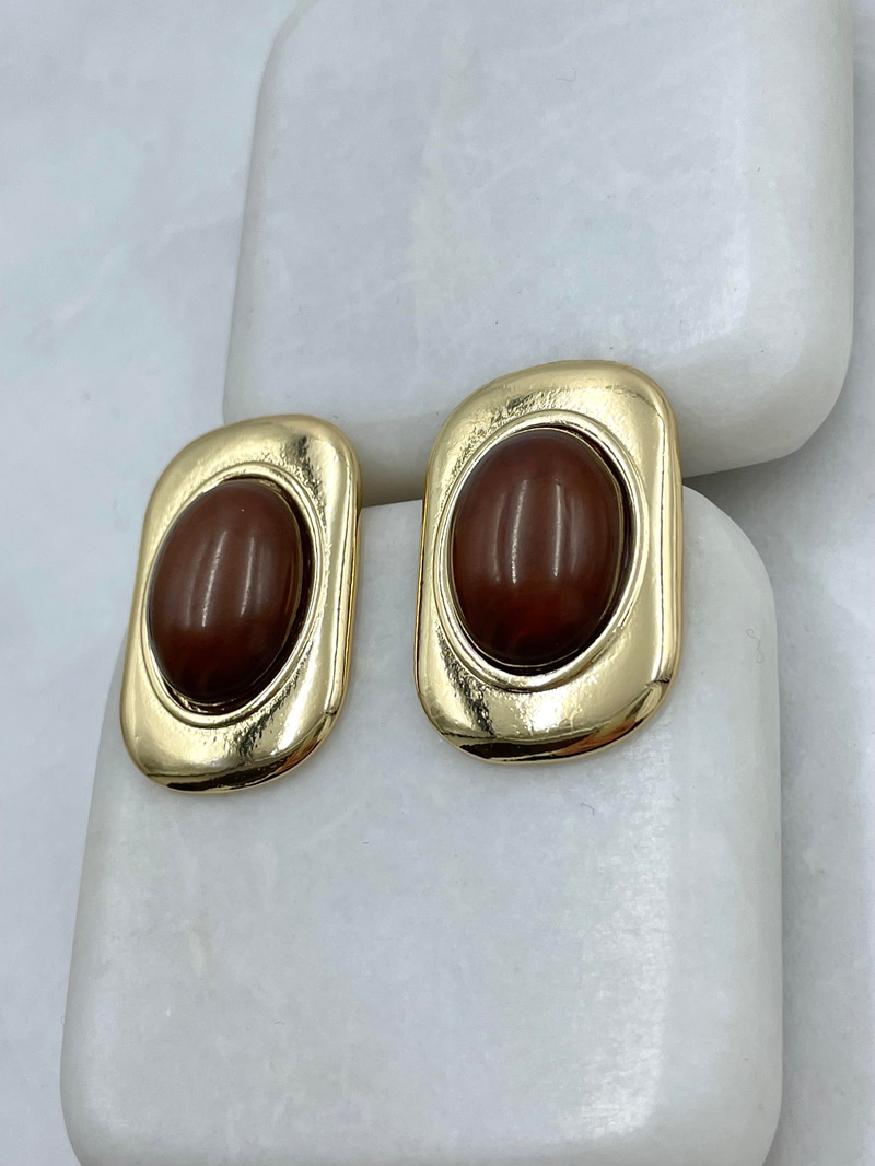 Altın Kaplama Gold Plaka Opal Taşlı Vintage Küpe Kahve