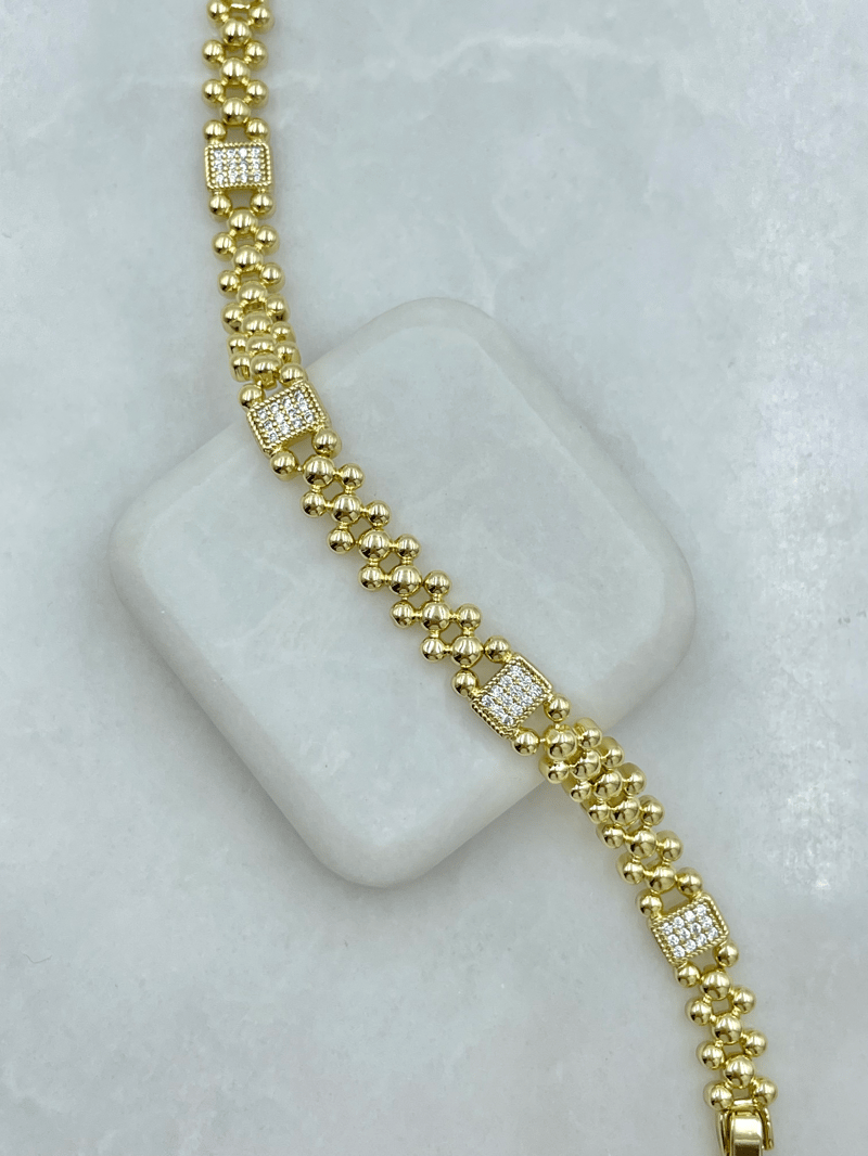Özel Seri Gömme Taşlı Topçuk Zincir Bileklik Gold