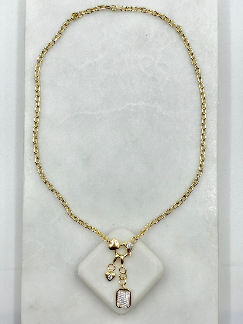 Zirkon Taşlı Kalp Kilit Kolye 50 cm Gold