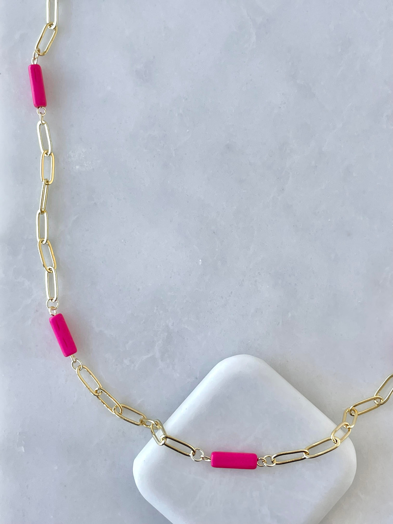 Altın Kaplama Boncuklu Oval Zincir Kolye 90 cm Pembe