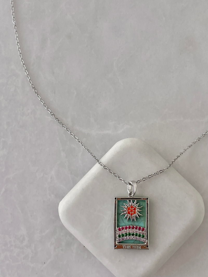 Çelik The Sun Tarot Kartı Kolye Gümüş Renk