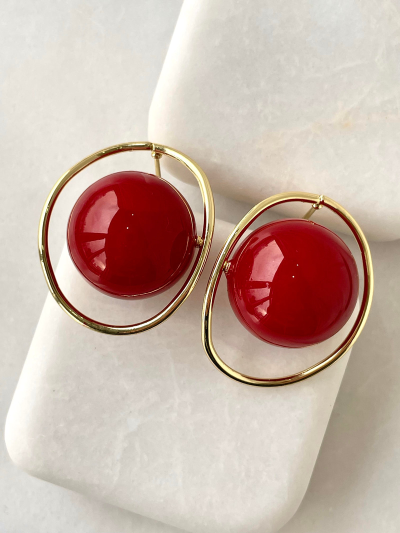 Oval Gold Detaylı Bordo Top Küpe