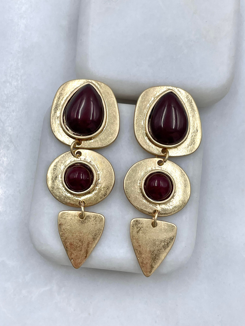 Altın Kaplama Üçgen ve Daire Sallantılı Vintage Küpe Bordo
