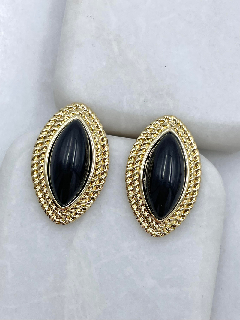 Altın Kaplama Çift Sıra Gold Burgu Detaylı Küçük Vintage Küpe Siyah