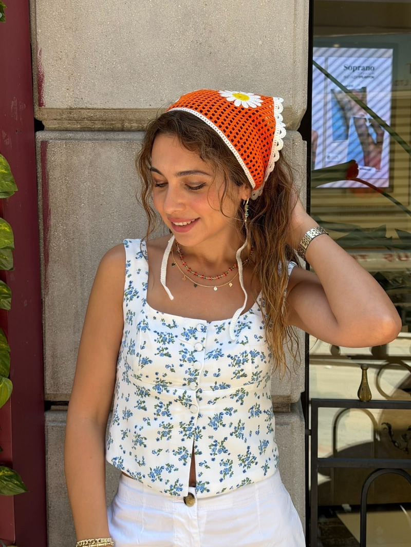 İkili Papatya Model Üçgen İpli Bandana Turuncu