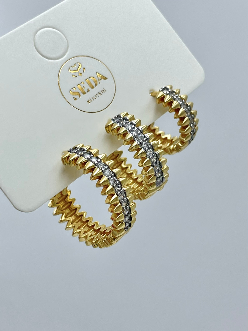 Altın Kaplama Üçlü Çift Renk Dişli Halka Set Küpe Gold