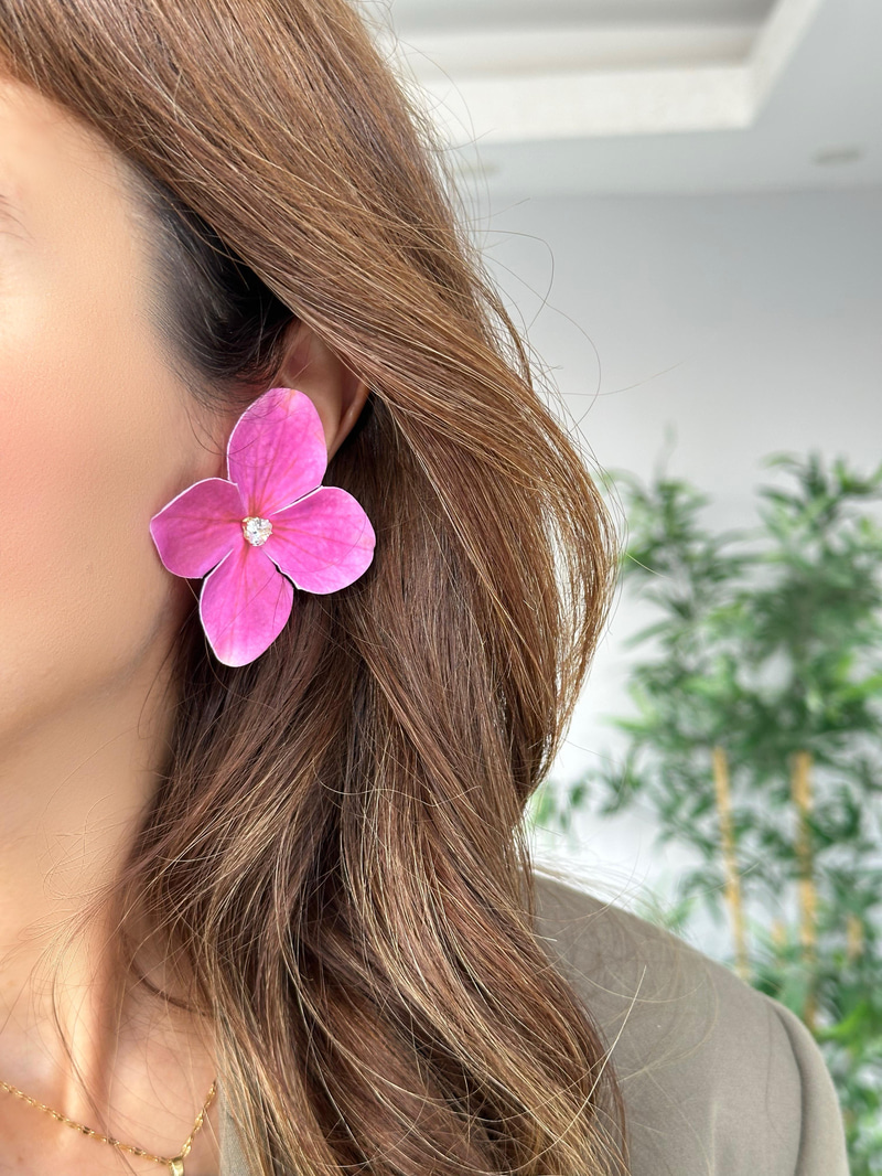 Kalp Kristal Taşlı Orkide Küpe Fuşya