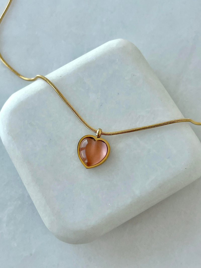 Çelik Opal Taşlı Kalp Kolye Pembe