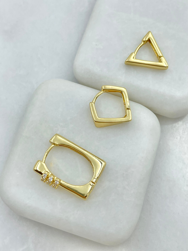 Altın Kaplama Üçlü Zirkon Taşlı Üçgen Set Küpe Gold