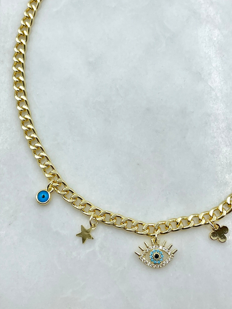 Gömme Taşlı Göz Sallantılı Zincir Kolye Gold
