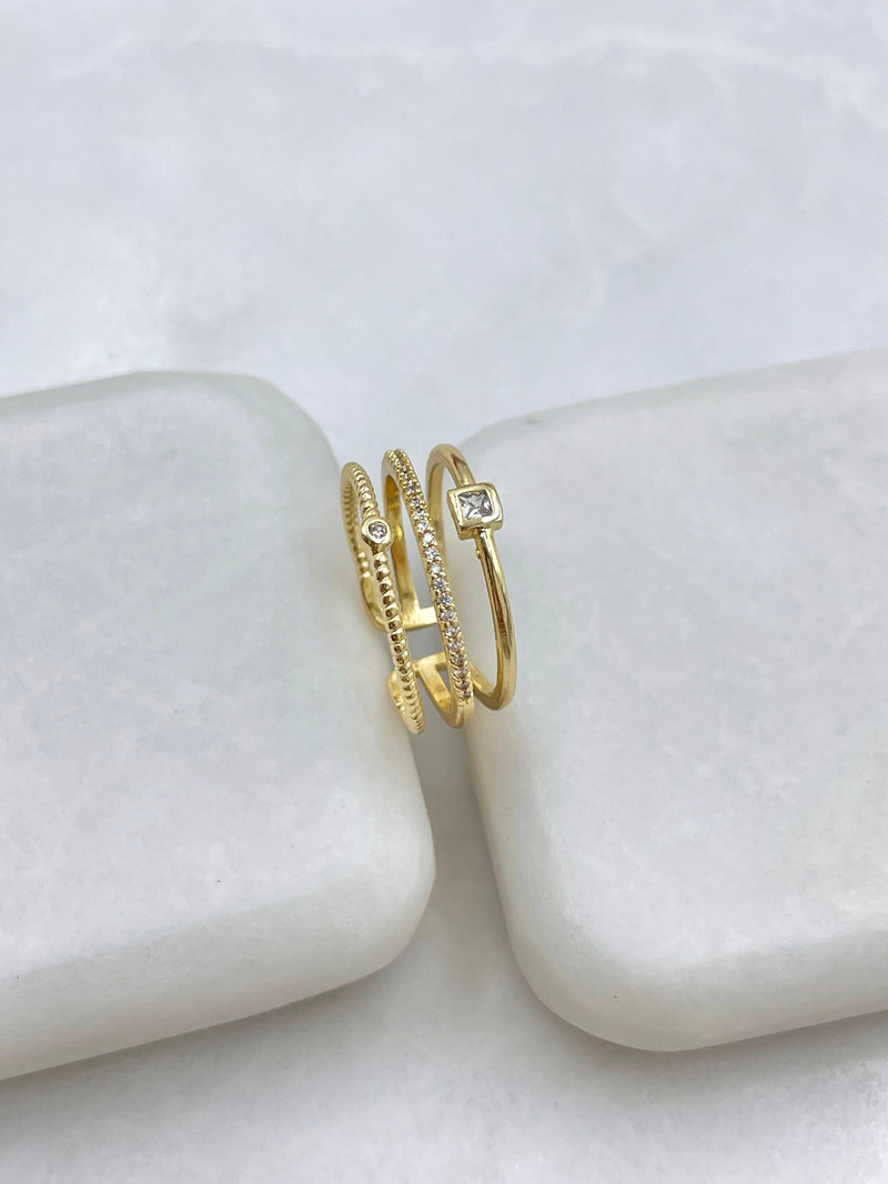 Altın Kaplama Gömme Taşlı Üçlü Görünüm Yüzük Gold