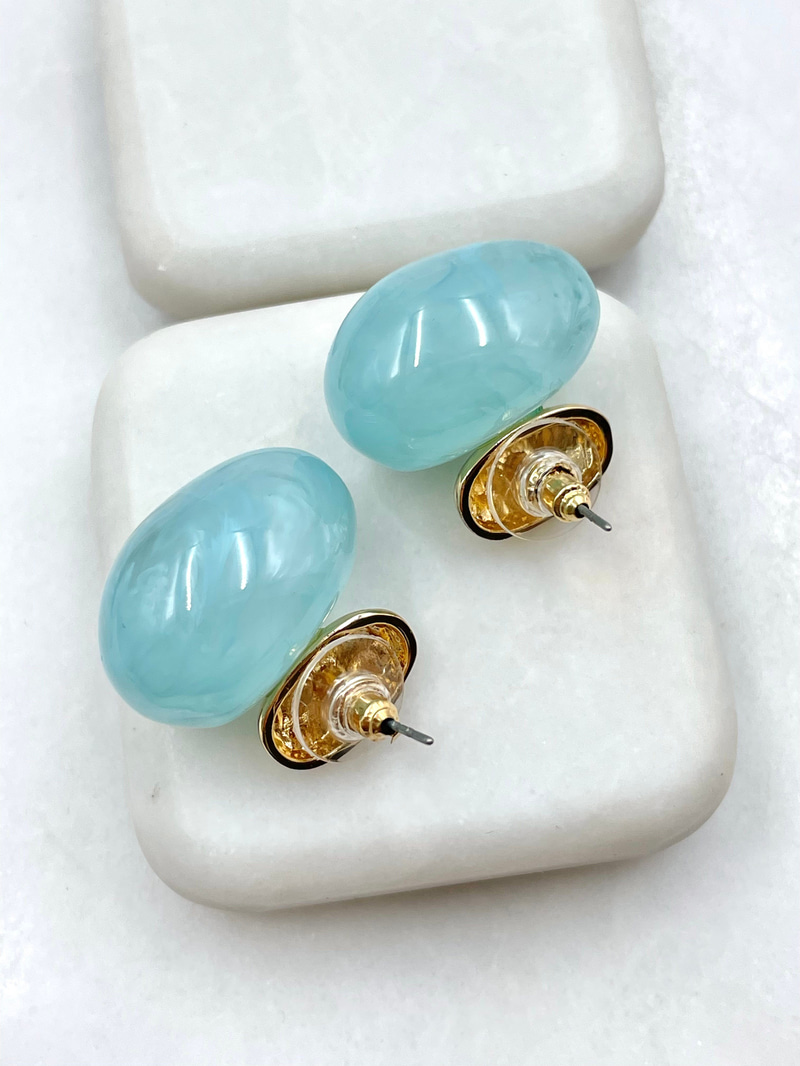 Gold Detaylı Opal Taşlı Vintage Oval Küpe Turkuaz