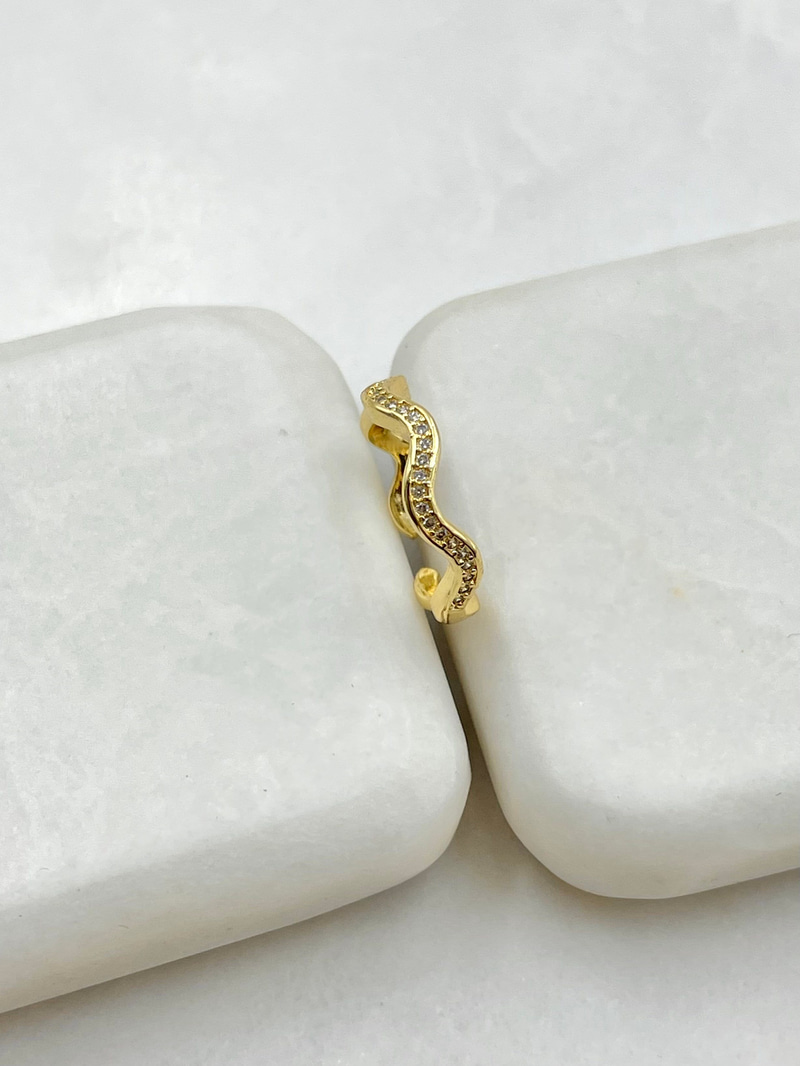 Zirkon Taşlı Dalga Model Yüzük Gold