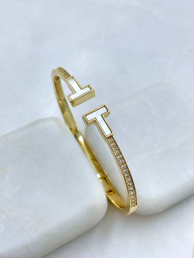 Altın Kaplama Gömme Taşlı Sedefli T Model Bileklik Gold
