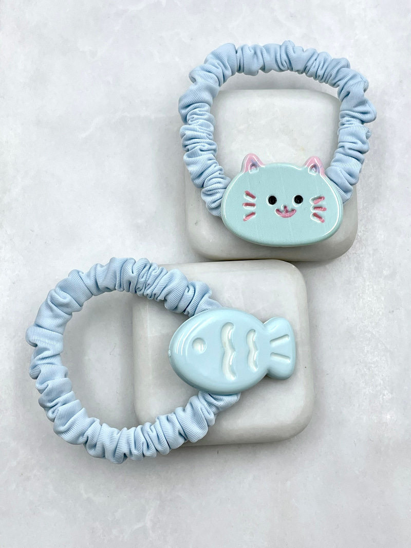 Kedi ve Balık İkili Scrunchie Toka Mavi