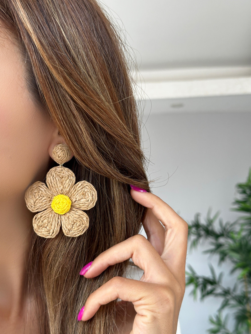 Hasır Çiçek Küpe Kahve