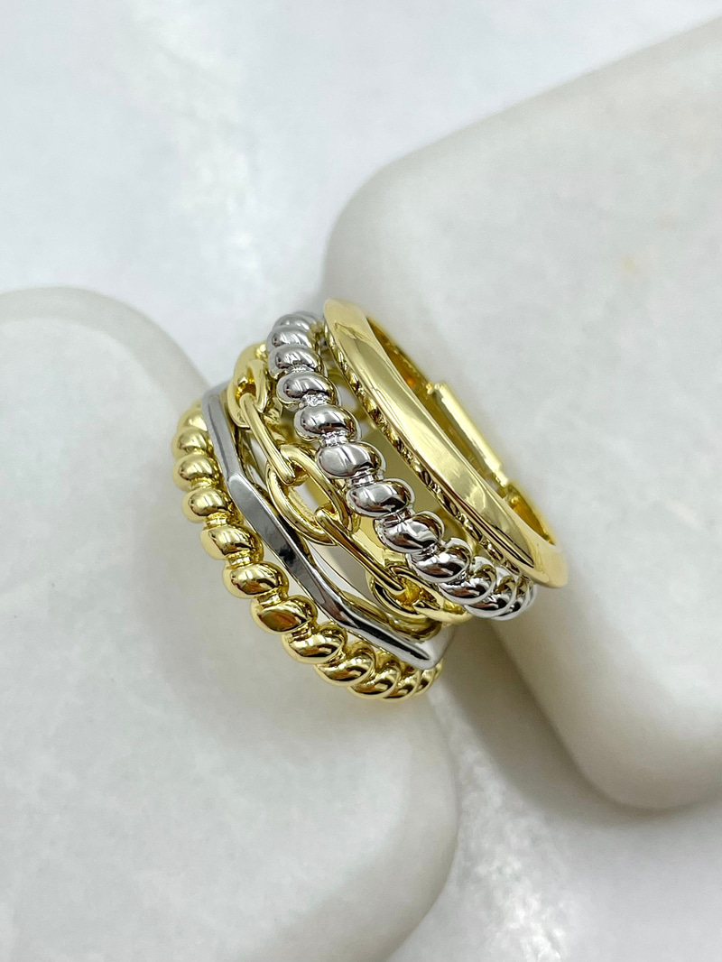 Beşli Burgu Model Çift Renk Tasarım Yüzük Gold