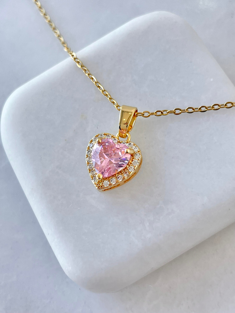 Çelik Kristal Kalp Uçlu Zincir Kolye Pembe