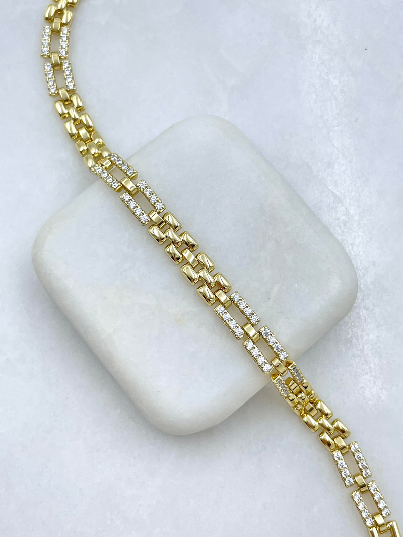Özel Seri Zirkon Taşlı Dikdörtgen ve Kordon Model Bileklik Gold
