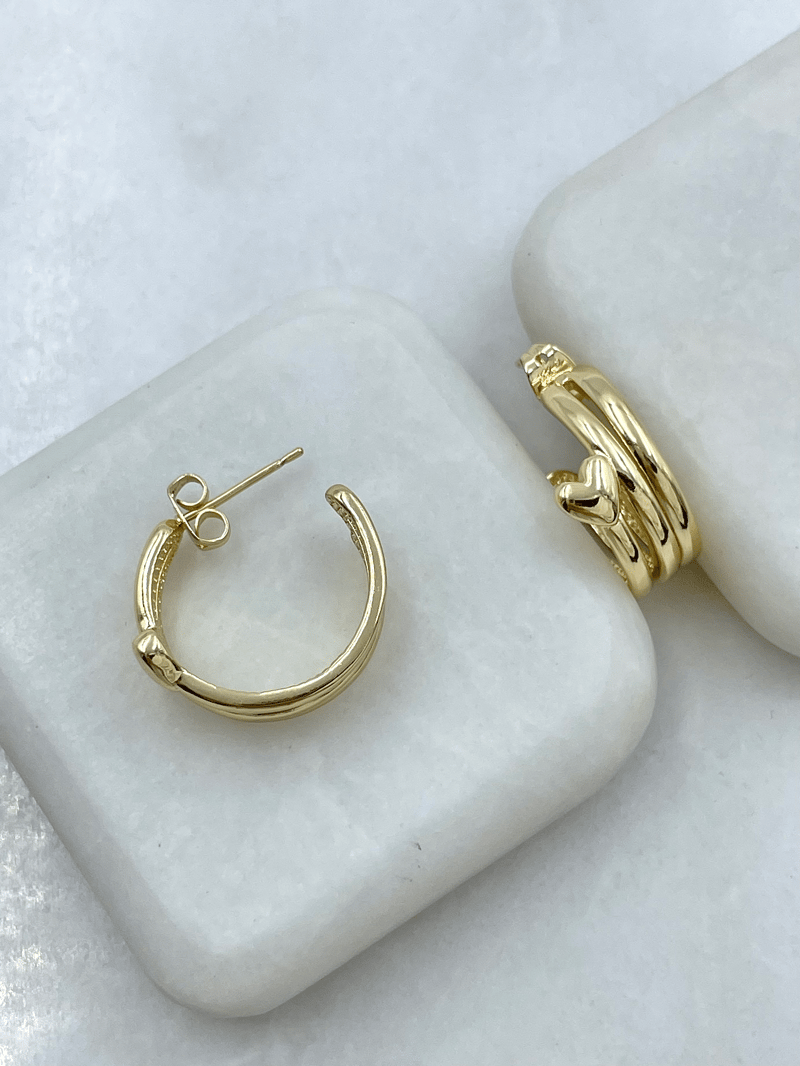 Özel Seri Kalp Detaylı Üç Şerit Halka Küpe Gold