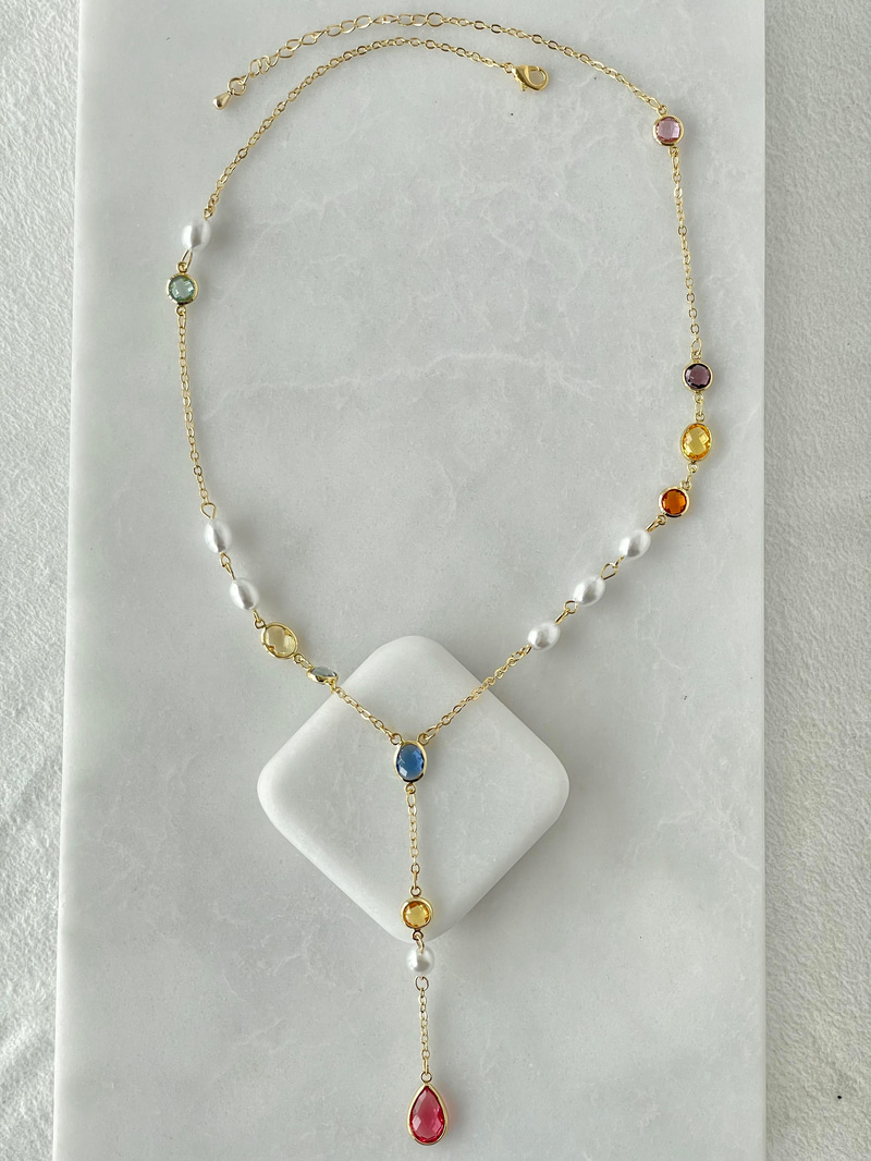 Altın Kaplama Renkli Kristal Taş ve İncili Y Model Kolye Gold