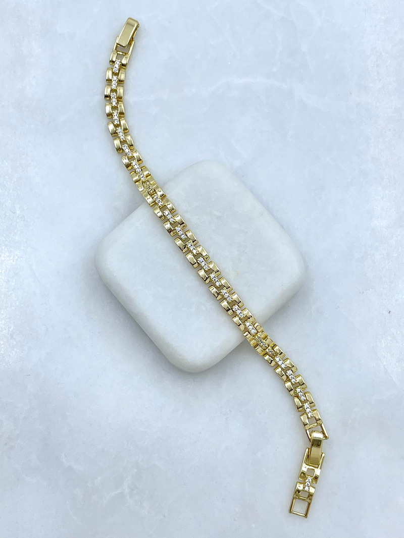 Özel Seri Gömme Taşlı Kare Kordon Bileklik Gold
