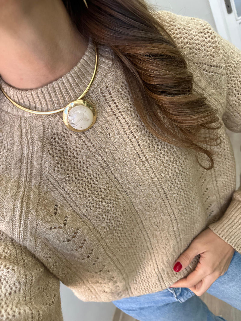 Altın Kaplama Doğal Taşlı Vintage Choker Kolye Ekru