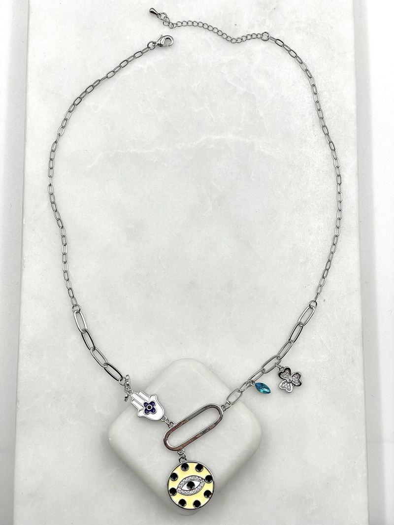 Altın Kaplama Mineli Göz ve Fatma Ana Eli Sallantılı Kolye Gümüş