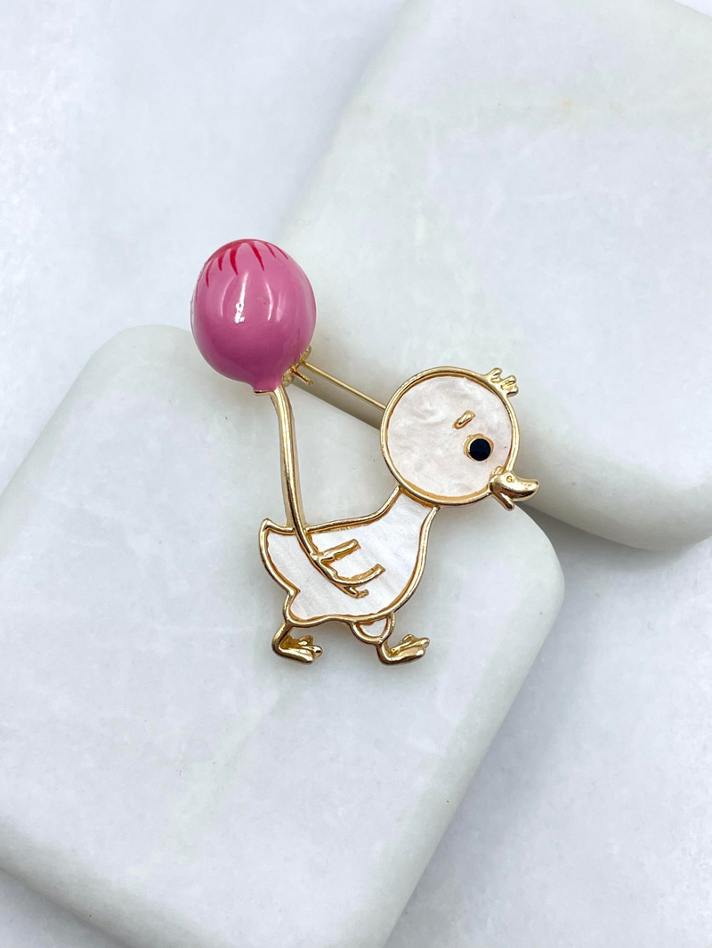 Pembe Balonlu Ördek Broş Gold