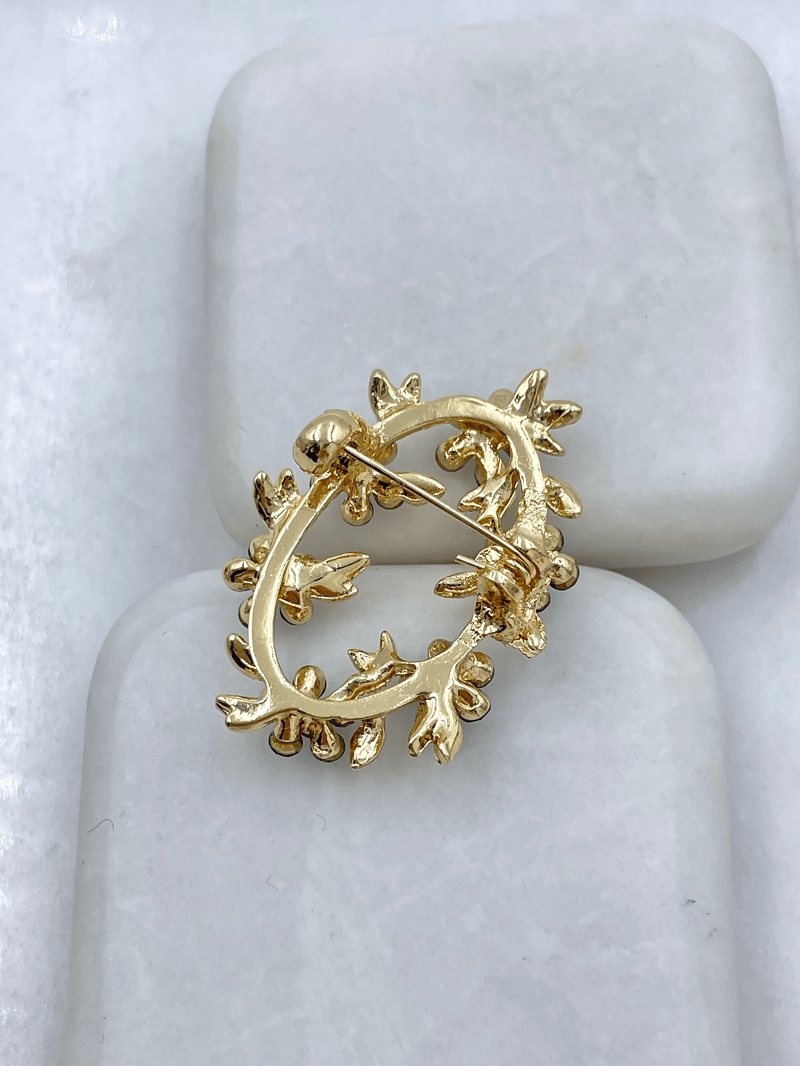 Mavi Kristal Taşlı Çiçek Broş Gold